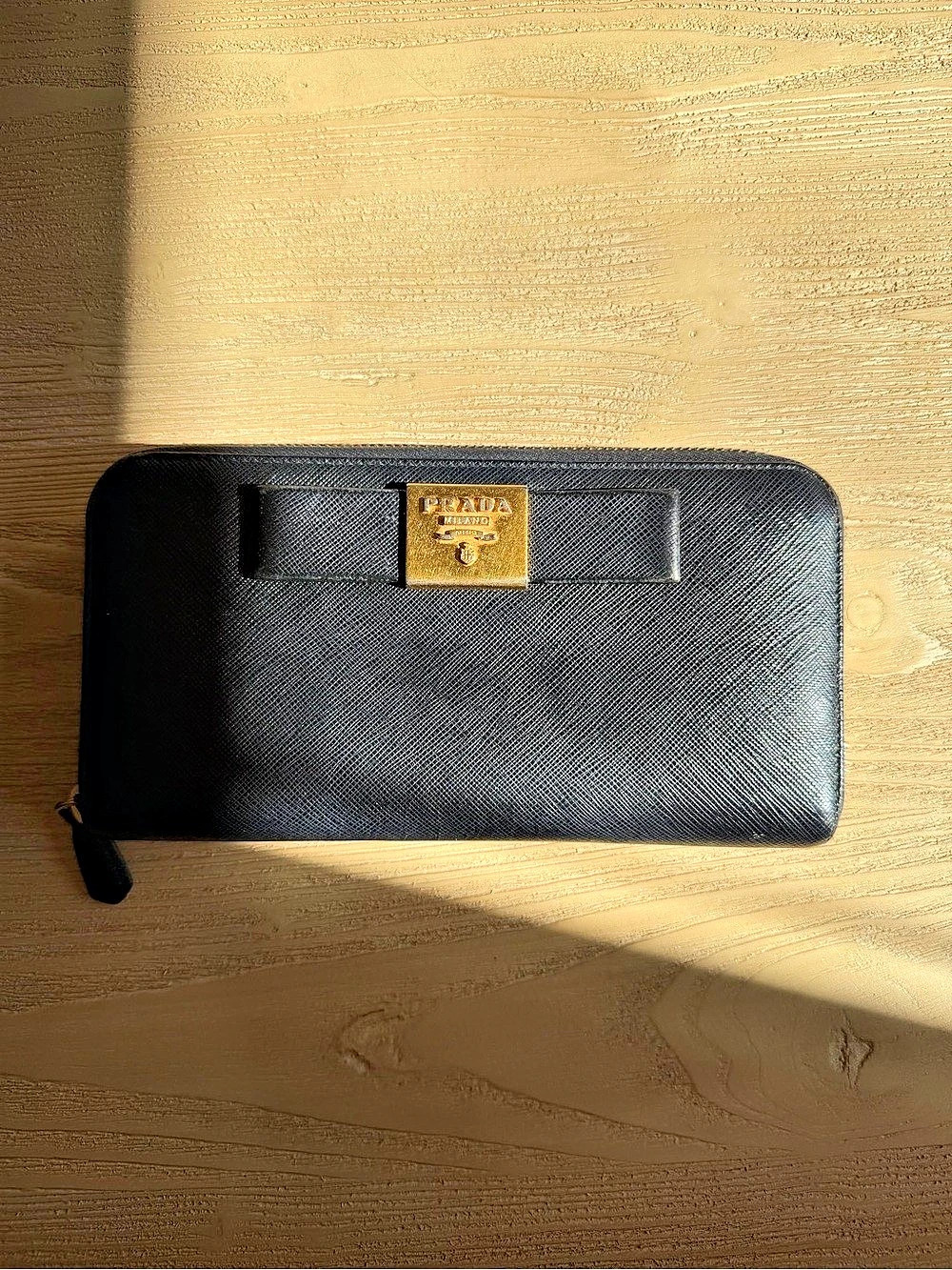 Prada Saffiano Leather Bow Zip Around Wallet Black